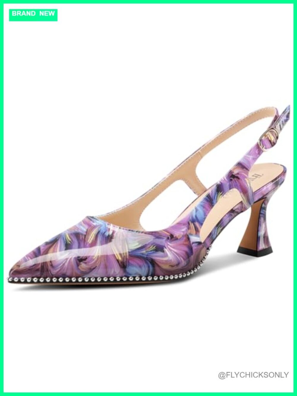 Kitten Heel Pointed Toe Pumps Beaded Slingback Buckle Patent Leather Heels